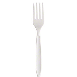 A white plastic heavy-weight fork with four tines and a smooth handle from the "PLASTIC FORKS HEAVY WEIGHT WHITE" 1000/case collection is shown vertically against a plain background.