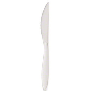 A heavy weight white plastic knife with a serrated edge, available in cases of 1000.