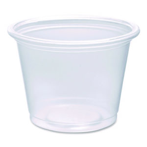 A translucent 5.5oz CONEX Complements Portion Cup, featuring a wide rim and a tapered base.