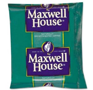 A green packet of MAXWELL HOUSE DECAF COFFEE, labeled "Good to the Last Drop," containing naturally decaffeinated coffee. The product comes 42 per case.