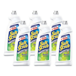 Six bottles of SOFT SCRUB COMMERCIAL CLEANER WITH BLEACH, 36oz each, are arranged in two rows. Each bottle is white with a yellow and green label.