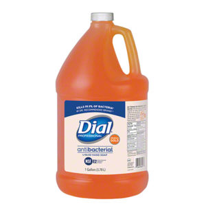 A 1-gallon container of Dial Gold Antimicrobial Hand Soap. The orange bottle has a handle and a blue label.