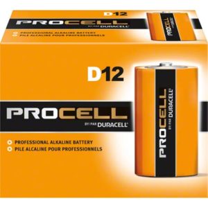 A package of DURACELL PROCELL "D" alkaline batteries, 12 per pack, distinguished by its orange and black design with the text "Professional Alkaline Battery" on the box.