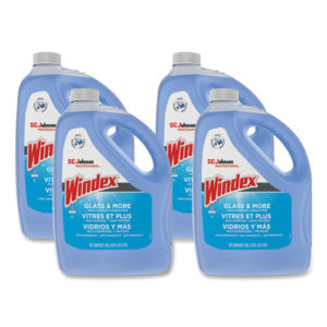 Four large blue bottles of WINDEX GLASS CLEANER READY-TO-USE 4/gal/cs are arranged in a group. Each bottle features a red and white label displaying the product name and details.