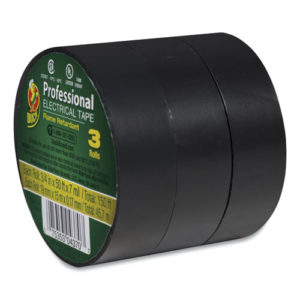 A pack of three rolls of Pro Electrical Tape by Duck, black in color with a flame retardant feature, each roll measuring 3/4 inch by 50 feet and fitting a 1-inch core.