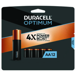 A package of Optimum Alkaline AA Batteries containing 12 batteries, prominently showcasing the "4X Power Boost" feature on the packaging.