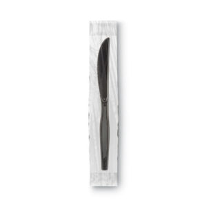 The Grab'n Go Wrapped Cutlery, Black Knives (90 per box) are individually sealed in clear plastic sleeves and are displayed vertically against a plain white background.