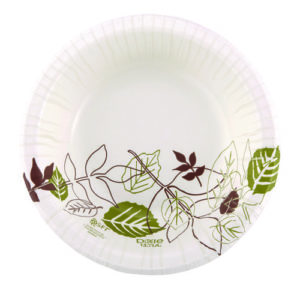 A Pathways Heavyweight Paper Bowl with a pattern of brown and green leaves around the inner rim, available in a 12oz size, 125 per pack.