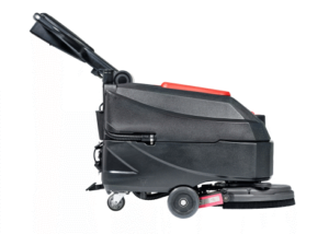 The ADVANCE 17IN DISC SCRUBBER features a chic black and red design, equipped with a handle for easy maneuvering, multiple wheels for smooth movement, and a large brush perfect for scrubbing surfaces. It also comes with two 85AH AGM onboard batteries.