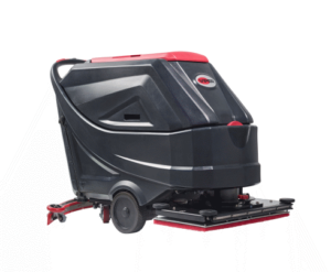 The 30" AUTOSCRUBBER AS7690T-312WITH, which includes 312 AH AGM batteries, is a black and red industrial floor cleaning machine on wheels that features a large tank and a scrubbing mechanism at the bottom.