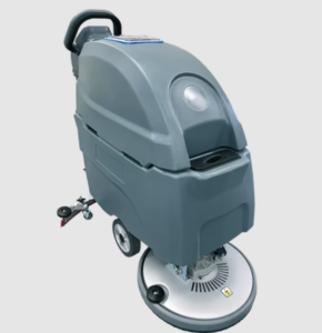 A 20" ICE SCRUBBER with a gray body and handle, featuring wheels, a circular brush at the bottom, and equipped with 15-gallon to 17-gallon capacity as well as a 30" squeegee.