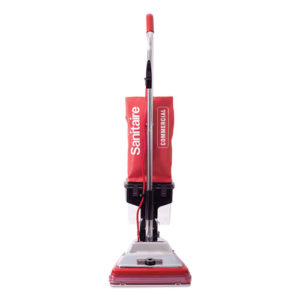 A red and steel upright vacuum cleaner with a rectangular base labeled "Eureka Tradition Upright Vacuum with Dust Cup, 7 Amp, 12" Path.