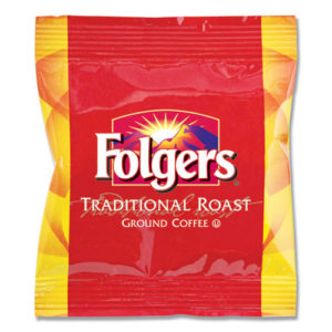 A red and yellow packet of Folgers Ground Coffee Fraction Packs, Traditional Roast (2oz), with a sunburst logo on the front.