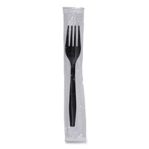 A WRAPPED POLYSTYRENE FORK 1000/CS BLACK inside clear plastic packaging.