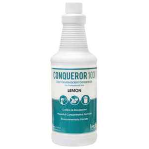 A bottle of FRESH Conqueror 103 LiquidCounteractant Concentrate in lemon scent, specifically designed for professional use in cleaning and deodorizing, featuring an environmentally friendly formula.