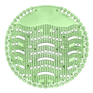 Round WAVE 3D Urinal Screen in a green color with a cucumber melon scent, featuring multiple holes and text at the top edge; comes in a box of 10.