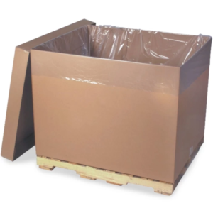 A large, open cardboard box on a wooden pallet containing a GAYLORD LINER, 55"x44"x104" CLHEAVY CLEAR GUSSET SEAL inside. The box lid is leaning against its side.