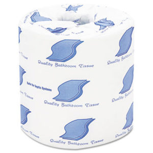 A roll of GEN800 2 Ply Toilet Tissue, featuring blue leaf patterns and text that reads "Quality Bathroom Tissue," is wrapped in protective packaging.