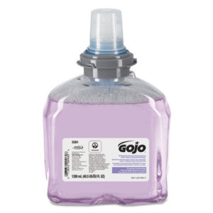 A 1200 ml GOJO TFX Premium Foaming Soap Fresh Scent refill with a clear container and purple liquid soap, fitted with a gray dispenser cap.