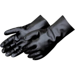 A pair of GLOVES SMOOTH FINISH BLACK PVC WITH 18" GAUNTLET - LARGE, laid side by side, boasting a slight sheen and showcasing a textured surface.