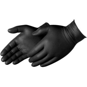 A pair of BLACK NITRILE, 2XL, 6 MIL DISPOSABLE GLOVES are positioned with the palms facing up, showcasing their textured grip and stretchy wrist cuffs.