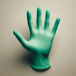 One of the GLOVES GREEN VINYL 6.5 MIL LGPRE POWDERED 100/BOX 2904-L is positioned upright against a neutral backdrop, its fingers splayed and faintly glowing.