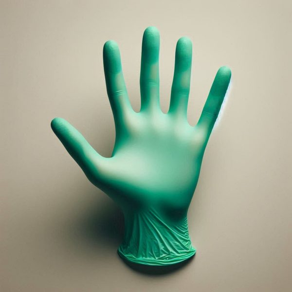 One of the GLOVES GREEN VINYL 6.5 MIL LGPRE POWDERED 100/BOX 2904-L is positioned upright against a neutral backdrop, its fingers splayed and faintly glowing.