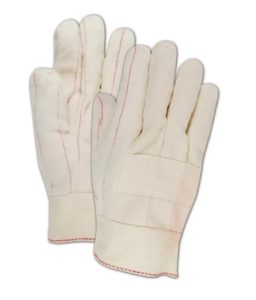 Two GLOVES HOT MILL - MADE IN USA COTTON/RAYON 24oz, featuring off-white fabric with red stitching, are laid flat on a white background.