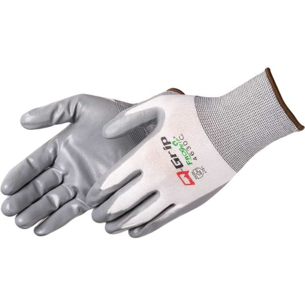 A pair of GLOVES Q-GRIP GRAY NITRILE PALM COATED in size large, featuring gray palms and white backs with the Qgrip brand logo and text on the back.