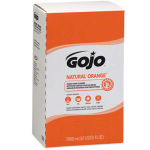 Box of GOJO NATURAL ORANGE PUMICE HAND CLEANER, 2000 mL, labeled in English and French with icons indicating it removes dirt, grease, and paint. Packaged 4 containers per case.