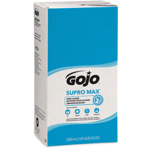 Box of GOJO SUPRO MAX HAND CLEANER2/5000ML/CASE with blue and white packaging, containing 5000 mL (169 US FL OZ).