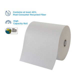 The Pacific Blue Ultra Paper Towels, White, 7.87 x 1150 ft, 6 rolls per carton, is a high-capacity roll of paper containing at least 40% post-consumer recycled fiber and is labeled as a USDA certified biobased product.