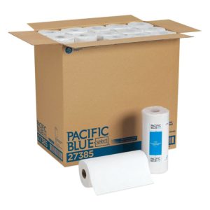 A large open cardboard box containing multiple rolls of 273-85 Pacific Blue Kitchen Roll Towel, with two rolls displayed in front of the box.