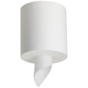 A white, cylindrical roll of CENTER PULL TOWEL WHITE 1PLY6/CASE 281-24 with a sheet partially dispensed, hanging vertically.