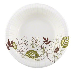 A white heavyweight paper bowl with a decorative leaf pattern in brown and green on one side.