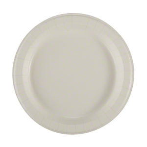 An overhead view of an 8.5" beige, round, ultra-strong disposable paper plate with poly coating.