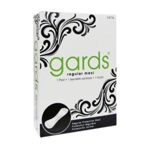 Box of MAXITHIN No. 4 Maxi-Pads featuring black decorative swirls on a white background and green branding text. Contains 1 pad.