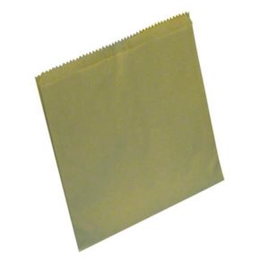 A yellow rectangular paper bag, identified as KRAFT SANI LINERS 500/CASE, with a wavy, serrated top edge is displayed against a plain white background.