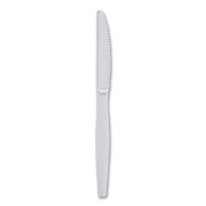 A heavy-weight white plastic knife with a smooth handle and a serrated edge, from the PLASTIC KNIVES HEAVY WEIGHTWHITE 1000/CASE, lies on a plain white background.