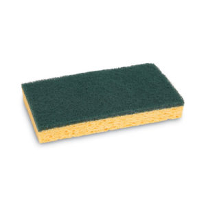 A GREEN/YELLOW SCRUB SPONGE MEDIUM DUTY 5/PACK features a rectangular design with a yellow sponge layer and a green scouring pad layer on top.