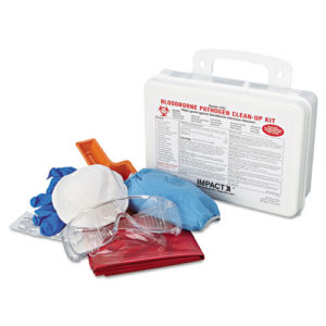 The BLOODBORNE PATHOGEN CLEANUP KIT, shown outside a white plastic case, includes protective gloves, a mask, goggles, absorbent pads, and an instruction sheet.