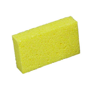 A rectangular yellow sponge with a porous texture available as the LARGE CELLULOSE SPONGE 6/PACK.