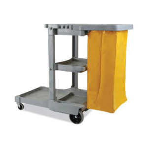 A gray THREE SHELF JANITOR'S CART measuring 22W x 44D x 38H with three shelves and a large yellow bag attached to the side.