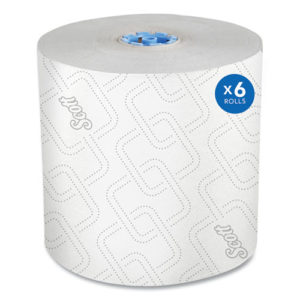 A large roll of the 25702 Scott Pro Hard Roll Paper Towel, with a blue core and patterned texture, accompanied by a label stating it comes in a case of 6 rolls each measuring 1,150 feet.