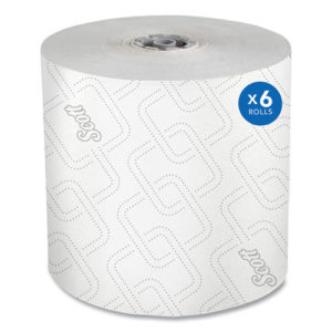 A pack of six large rolls of Scott brand 3-ply high capacity patterned toilet paper, each roll containing 1150 sheets.