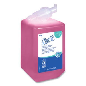 A pink 1-liter refill container of Kimberly Clark Light Floral Hand Cleanser, featuring a top dispensing nozzle and labeling.