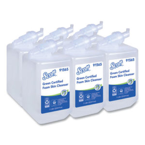 A case of six SCOTT ESSENTIALS FOAM SKIN CLEANER bottles, each containing 1,000ml (33.8 fl oz), arranged in two rows of three.