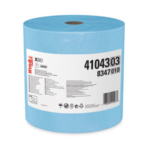 A jumbo roll of blue industrial cleaning wipes labeled "WYPALL POWER CLEAN X80 HD CLOTHS" with the product number 4104303 and barcode, containing 475 wipes per roll. The label includes various icons and product information.