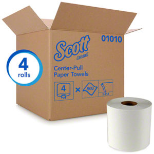 A cardboard box labeled "CENTER PULL TOWEL WHITE 2PLY500/ROLL 4/ROLLS/CASE KIMBERLY CLARK PERFORA," with "4 rolls" inside. One white paper towel roll is pictured next to the box.