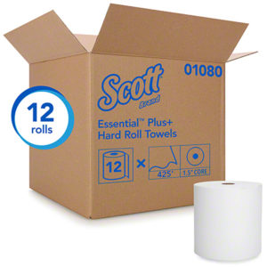 Cardboard shipping box containing 12 rolls of Kleenex White Hardwound Roll Towels, each with a 425-foot length and 1.5-inch core. One roll is shown outside the box.